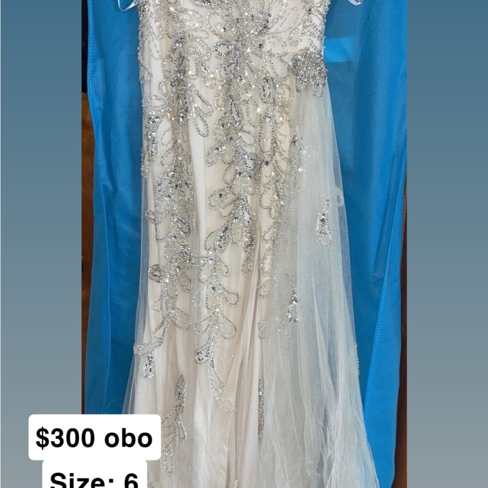 Off-White Ivory and Silver Beaded Evening Dress